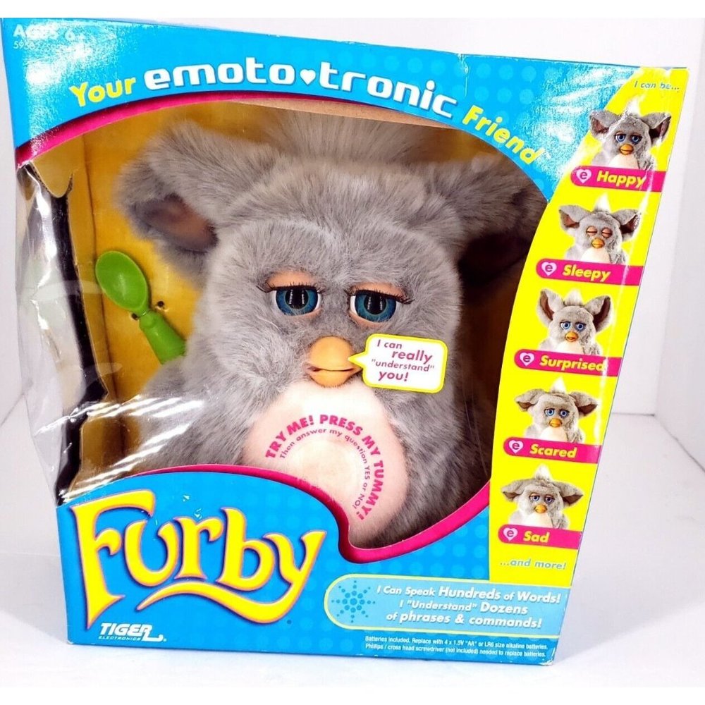 Big FURBY 2005 EMOTO-TRONIC Gray Pink Tiger Electronics Hasbro Talking Toy Grey